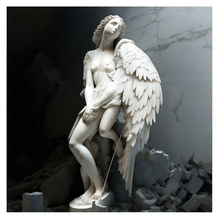 Marble angel statue with intricate wings among stone debris