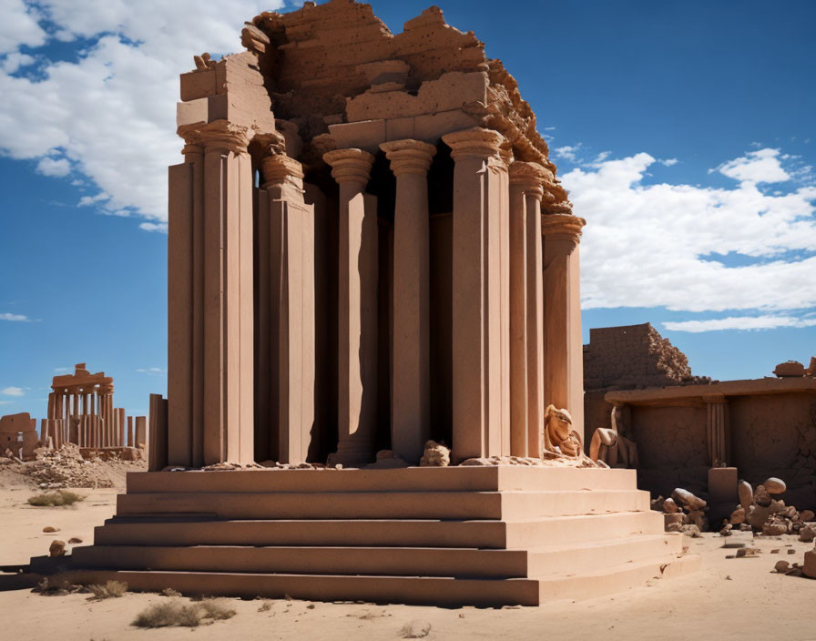 Ancient ruins with towering columns in desert landscape