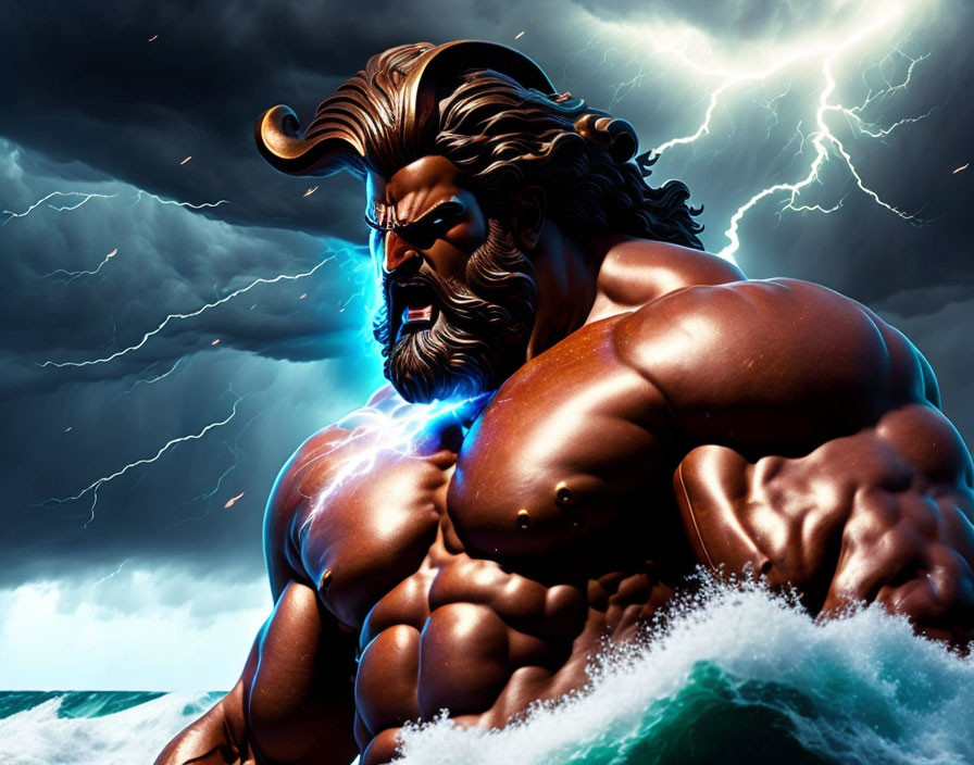 Muscular figure with flowing hair in stormy sea with lightning