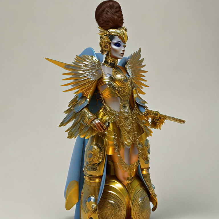 Golden armored figure with sword, winged shoulders, and blue cape.