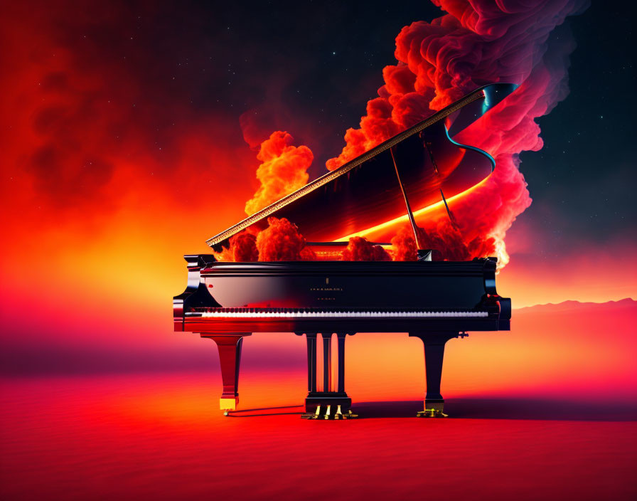 Burning grand piano under vibrant flames in surreal red sky