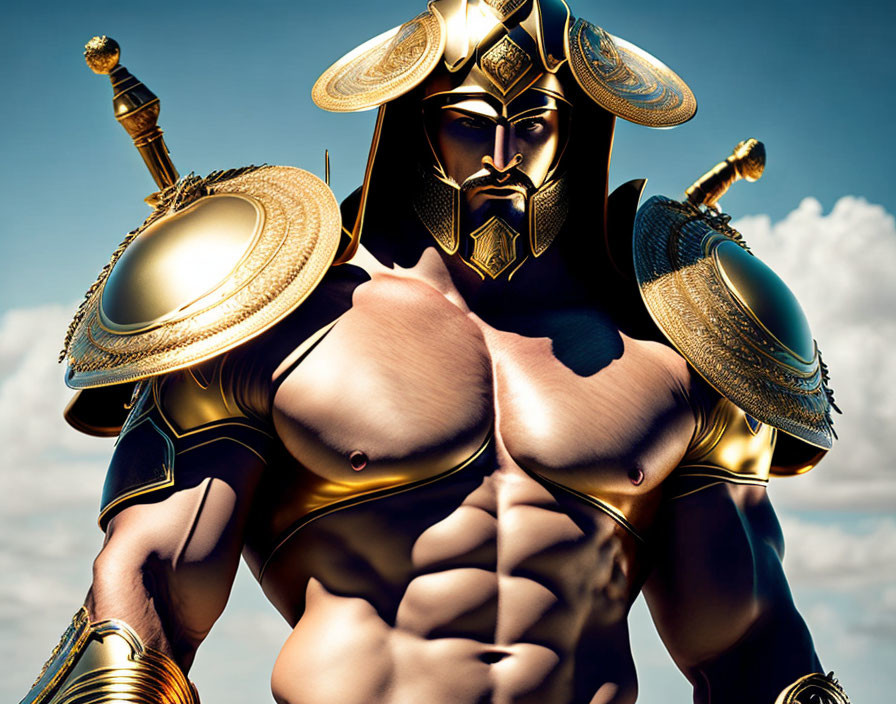 Muscular warrior in golden armor with sword and shield on blue sky background