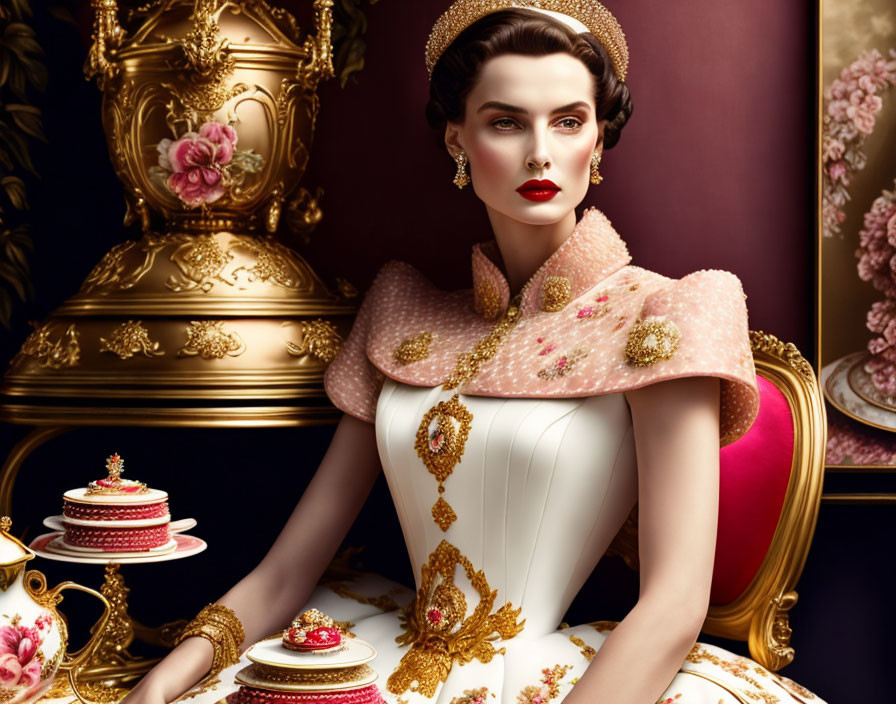 Stylish woman in white dress with gold details next to ornate teaware on burgundy background