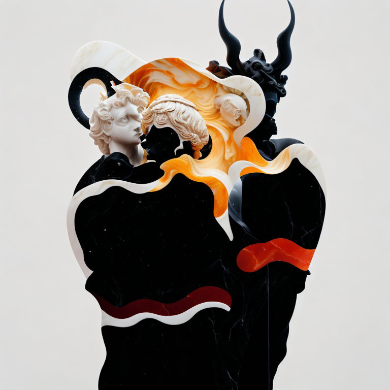 Stylized human profile sculpture with black, white, and orange designs