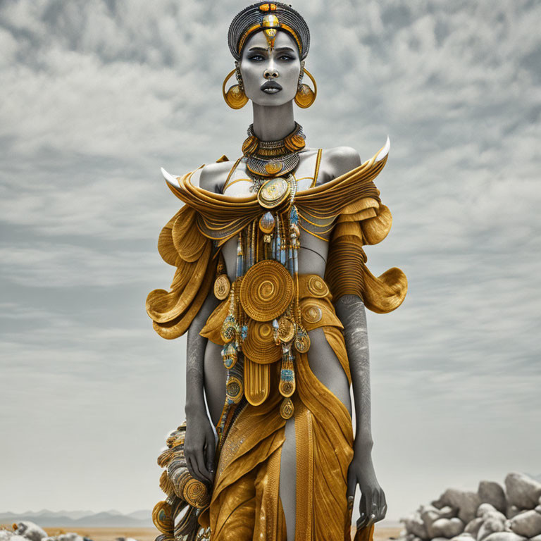 Elaborate golden attire woman against cloudy sky and rocky backdrop