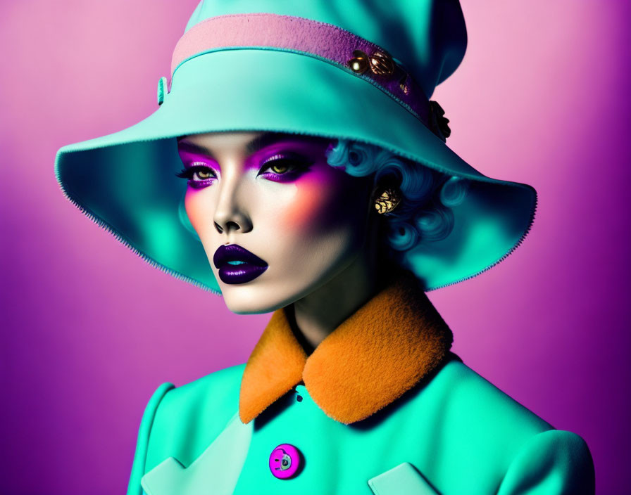 Colorful Woman Portrait with Turquoise Hat and Orange Jacket