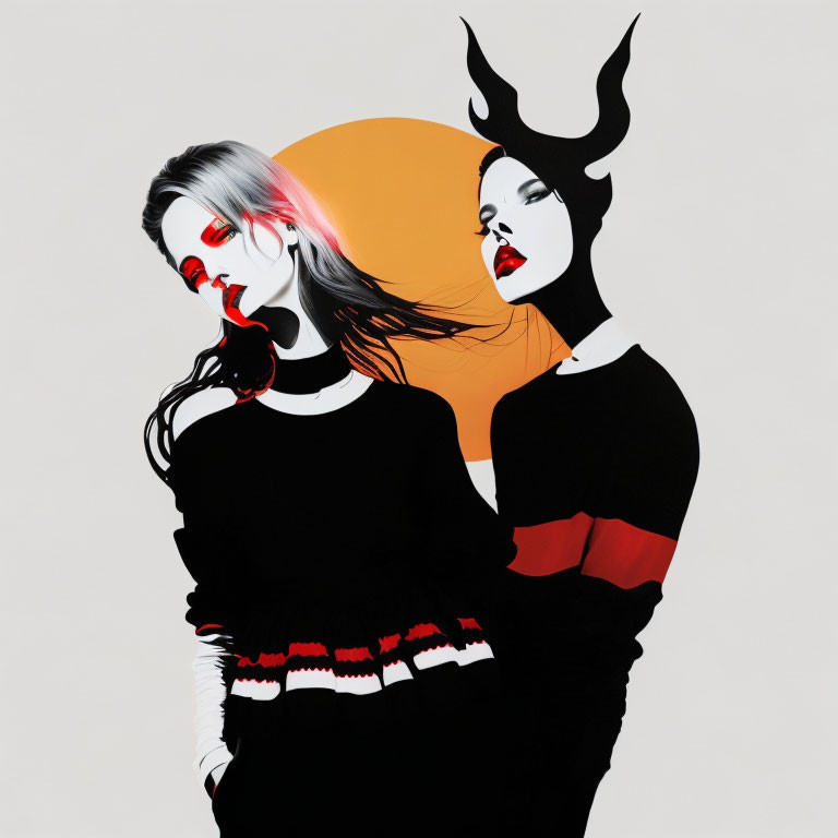 Stylized figures in black outfits with pale skin and horned silhouette against orange halo