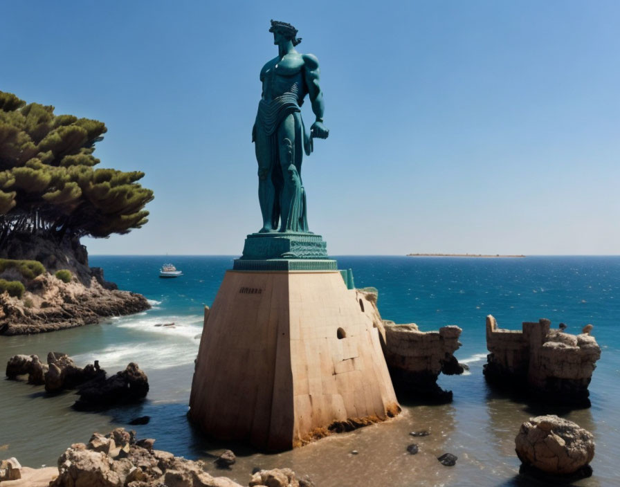 Bronze statue on promontory by the sea with passing boat and rocky outcrops