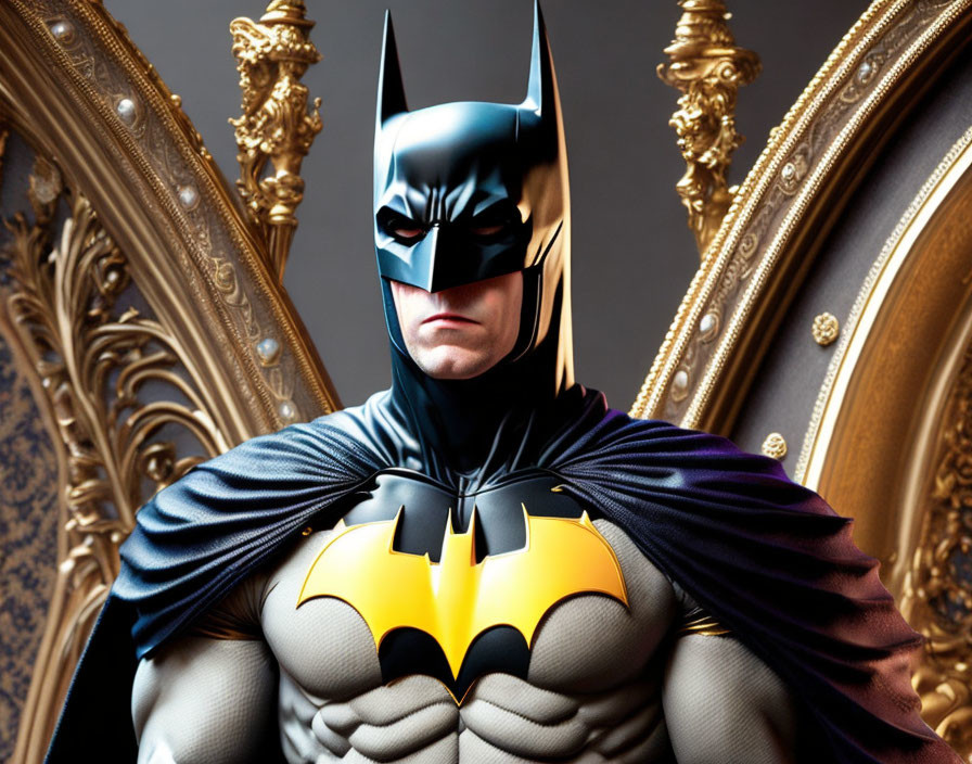 Detailed Batman costume with cowl, cape, and emblem next to golden frames