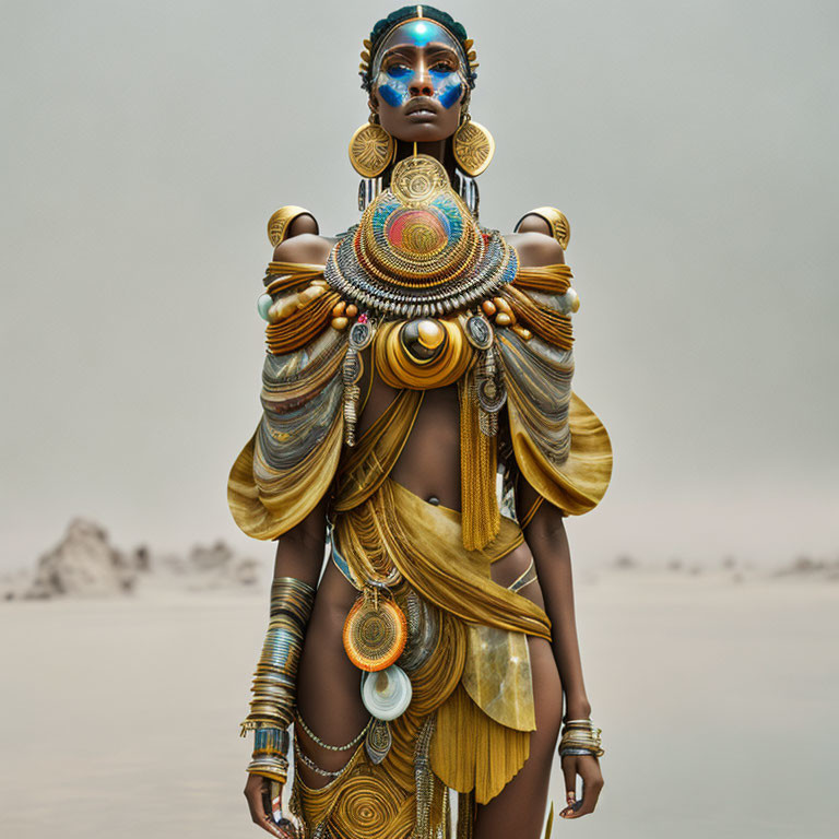 Elaborate golden jewelry on woman with body art against desolate backdrop