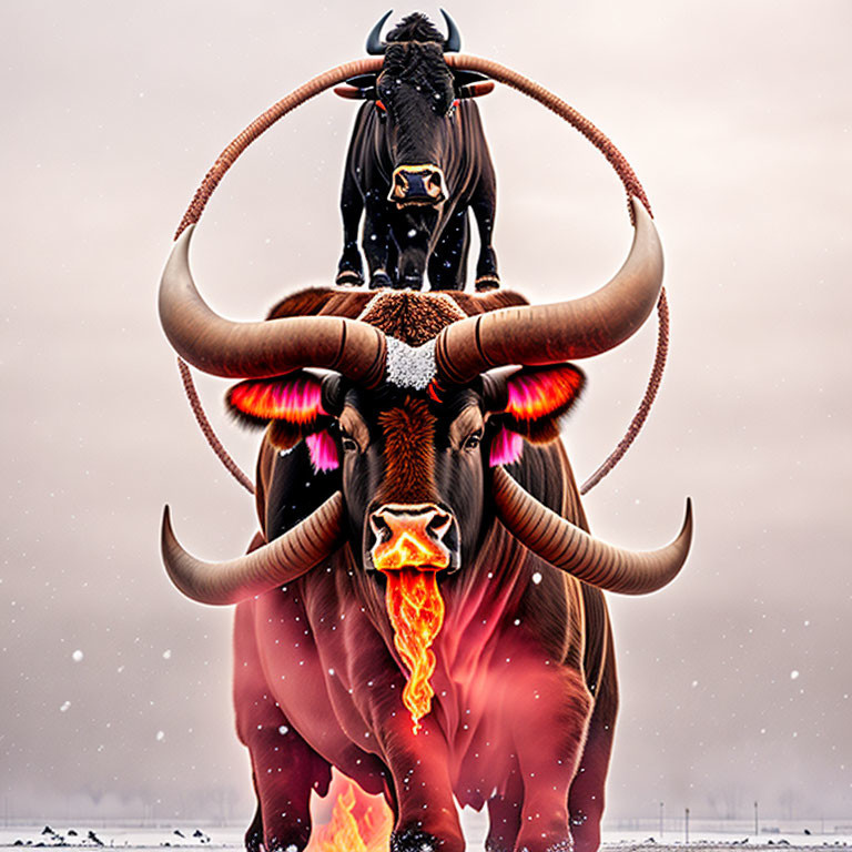 Digital artwork: Bull with fiery mane, feathers, warrior rider, snowy background