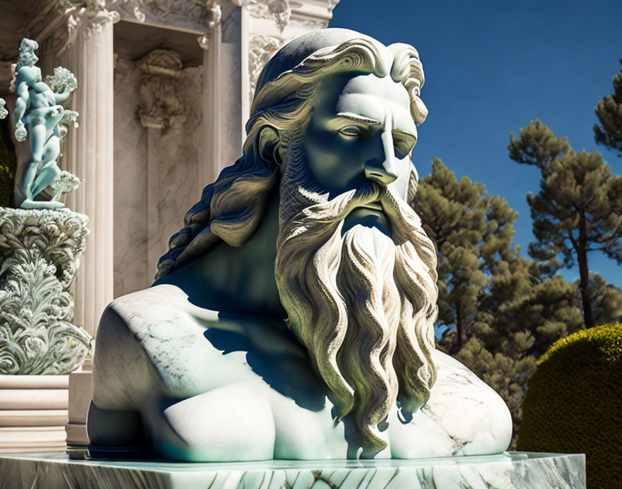 Detailed Marble Statue of Bearded Male Figure with Classical Architecture Background