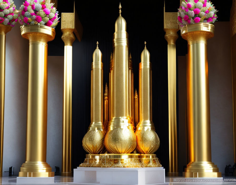 Luxurious golden ornate perfume bottles on display in elegant setting