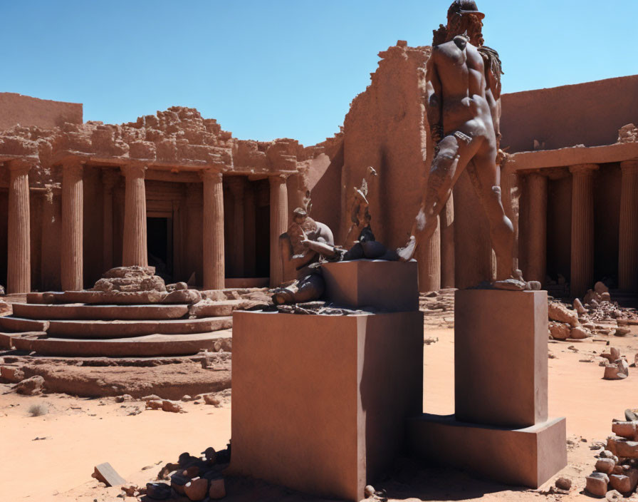 Dynamic Pose Bronze Sculptures in Front of Ancient Ruins