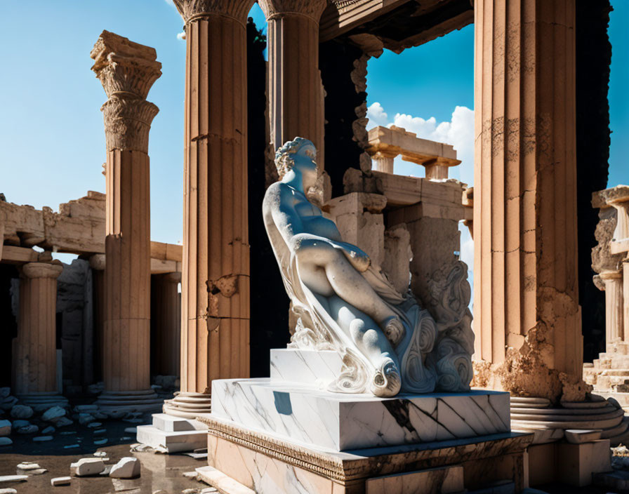 Marble statue of reclining figure in ancient ruins with towering columns