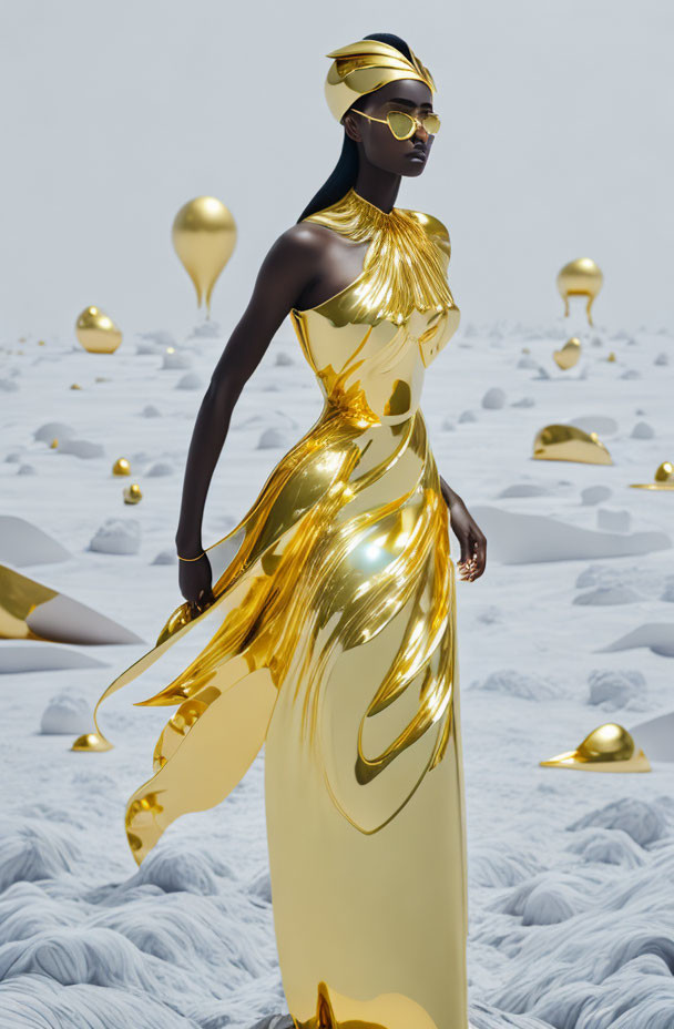 Futuristic woman in golden attire surrounded by surreal landscape