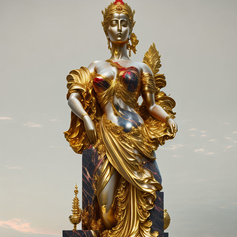 Golden statue of female figure with headdress, scepter, and red jewel accents on flowing robes.