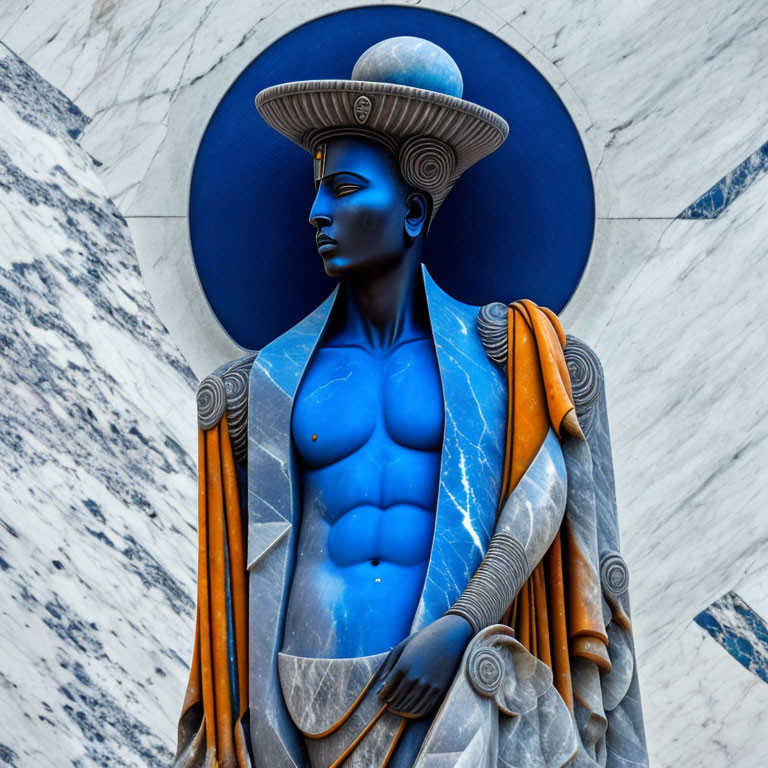 Blue and Grey Toned Statue with Ornate Headpiece and Draped Garments on Marbled Background