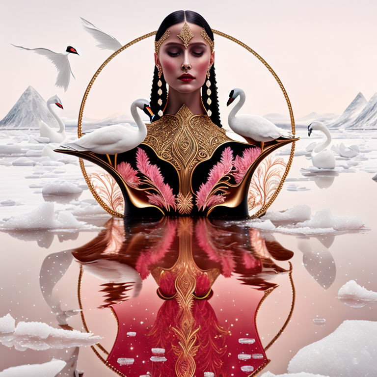 Woman in ornate gold and black attire with swans in surreal icy landscape