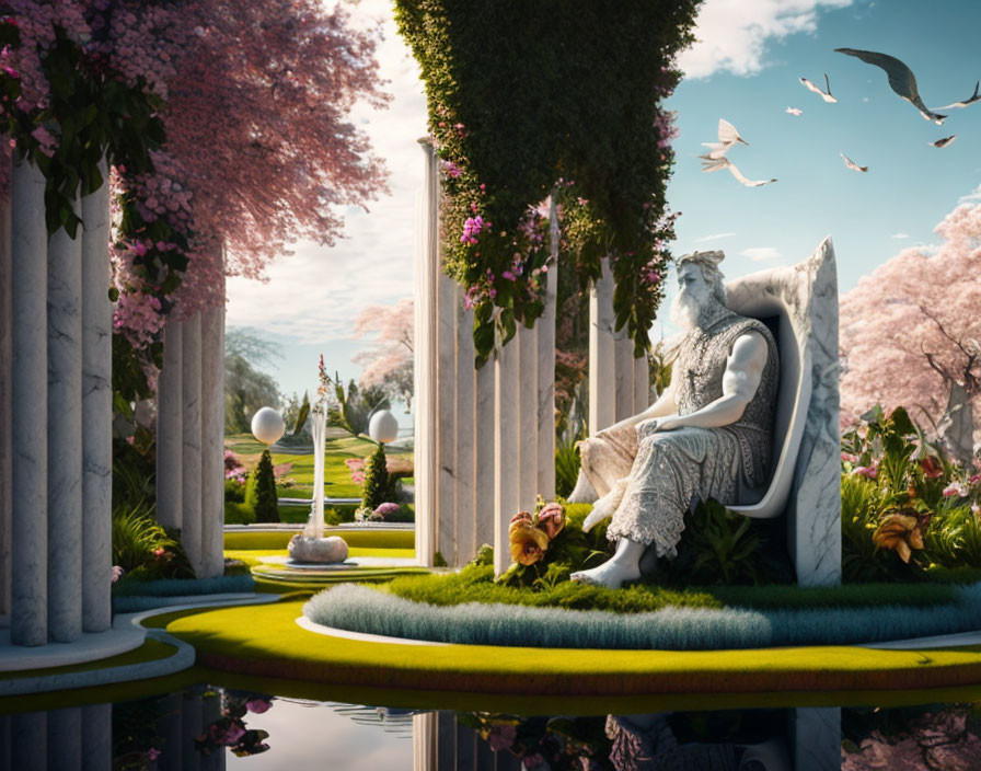 Tranquil fantasy garden with stone statue, lush greenery, blooming trees, birds, and