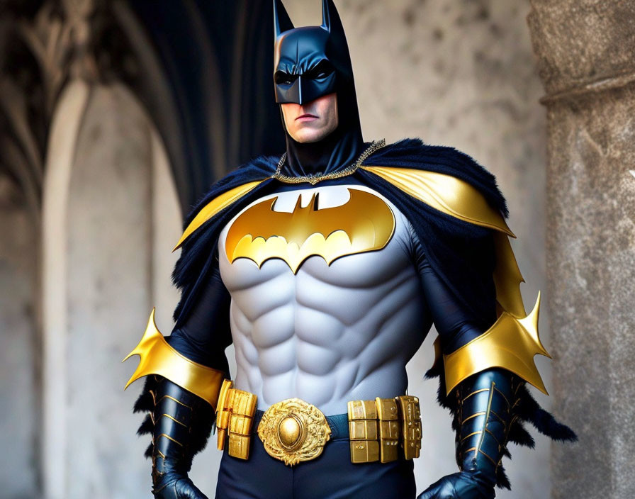 Elaborate Batman costume with muscular suit design, cowl, cape, and utility belt