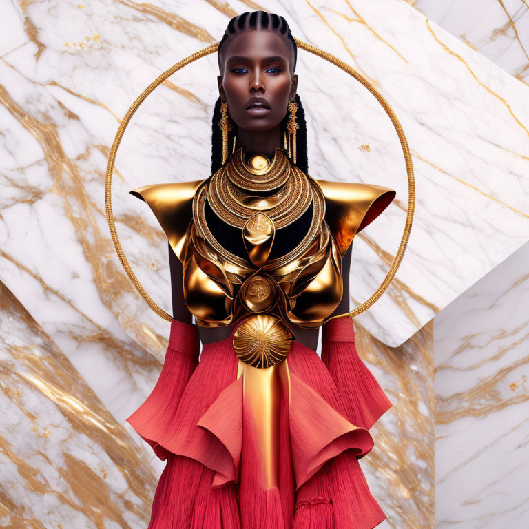 Regal woman with striking makeup in gold necklace and armor-like attire on marble background