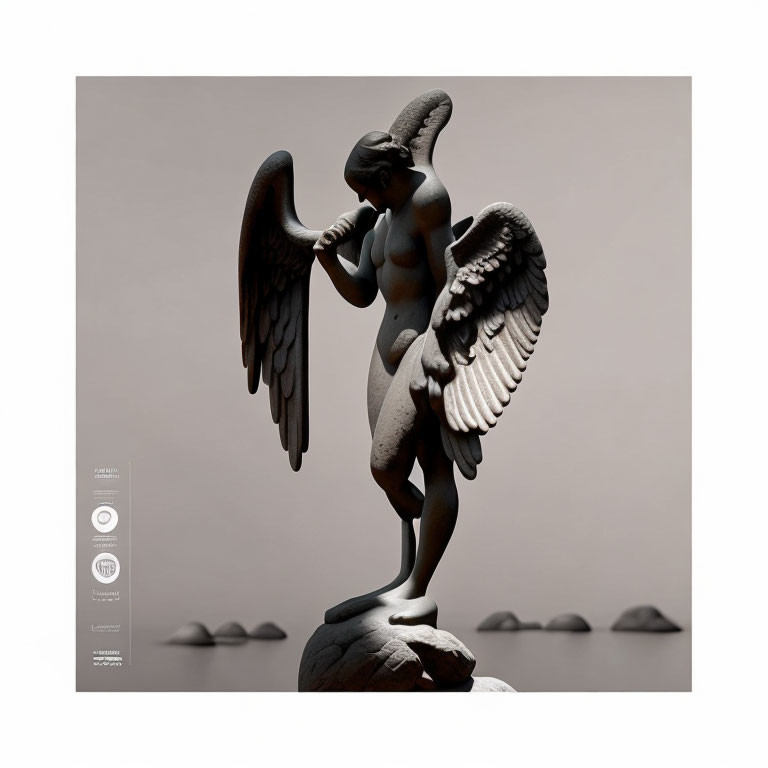 Monochrome angel statue with spread wings on rock, plain background, icon labels.