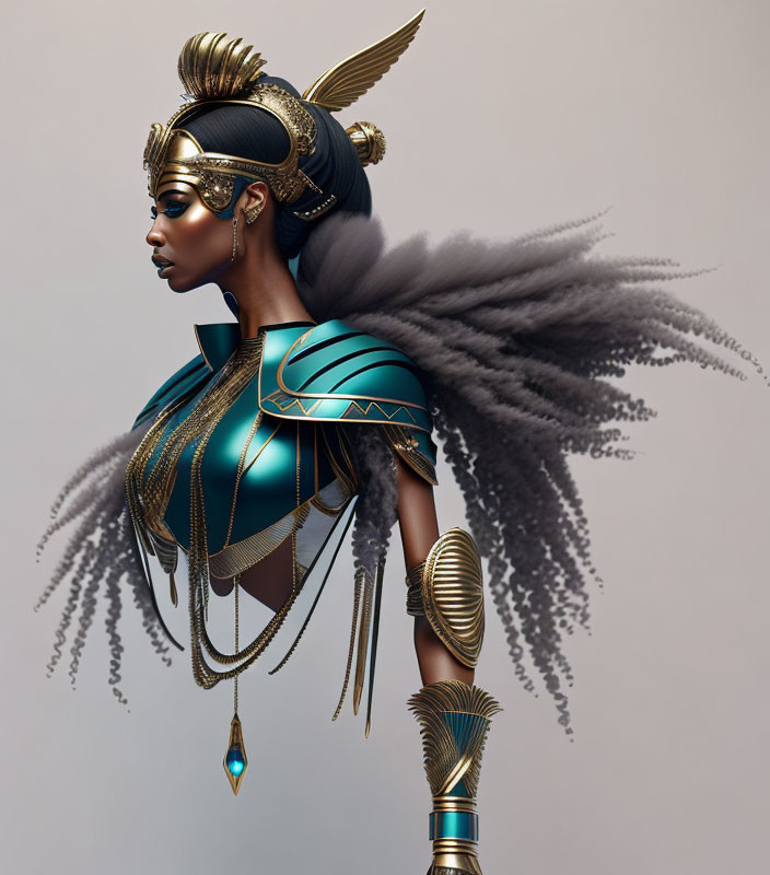 Stylized female warrior with gold and turquoise armor and feathered headdress