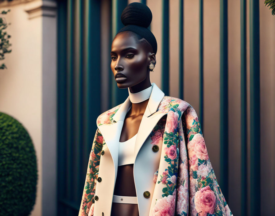 Stylish woman in floral blazer with updo on striped background