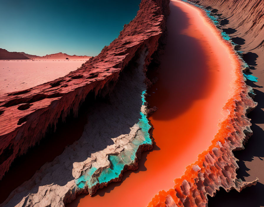 Vibrant orange river in surreal reddish landscape with turquoise pools