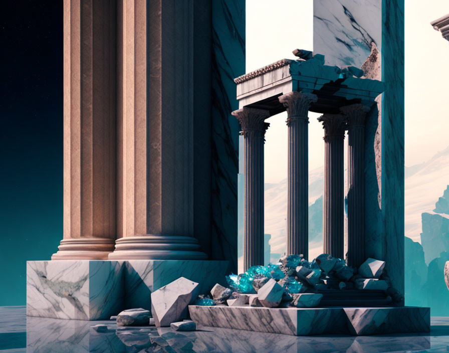 Surreal digital artwork with marble columns and crystals