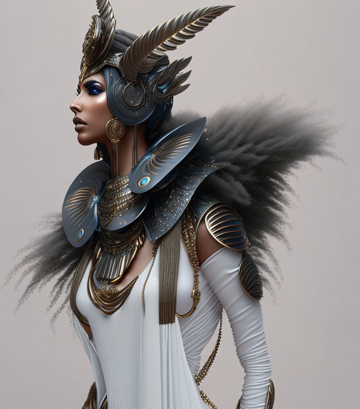 Digital artwork featuring person in ornate feather-like helmet and shoulder armor