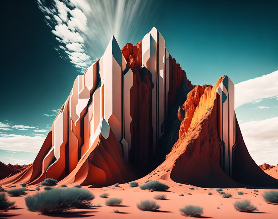 Surreal desert landscape with stylized geometric mountain and vivid blue sky