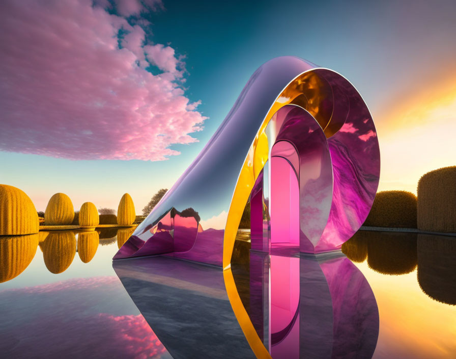 Colorful Loop Sculpture Reflecting Sunset Lake Scene