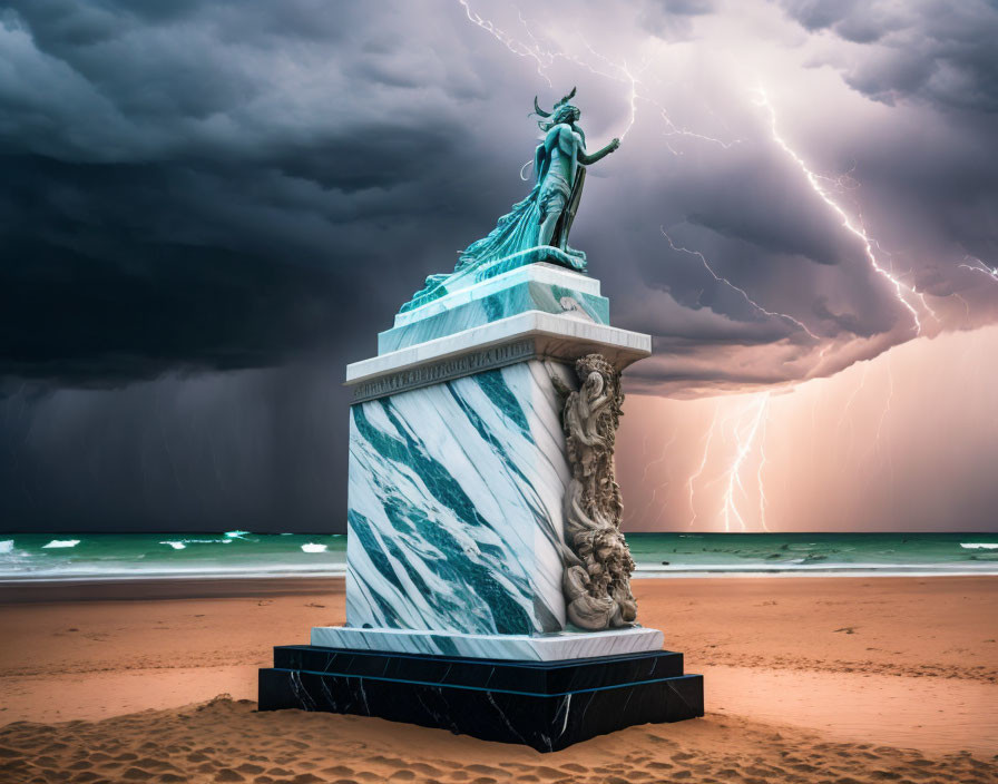 Statue on marble pedestal under stormy sky with lightning.