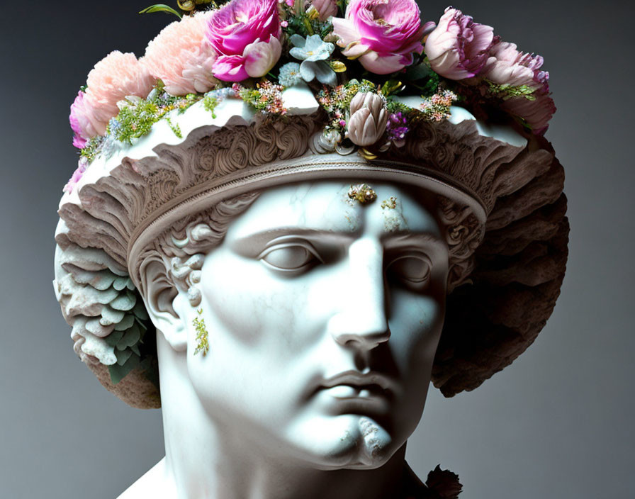 White Classical Bust with Pink Floral Crown on Gray Background