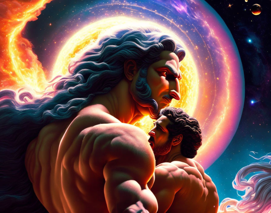 Vibrant digital art: Two muscular men embracing in cosmic scene