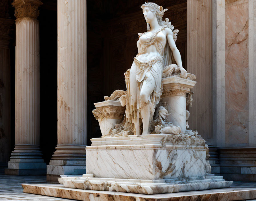 Classical marble statue of female figure with detailed design and columns in natural light