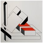 Abstract geometric composition in black, white, and red with intersecting shapes and architectural patterns