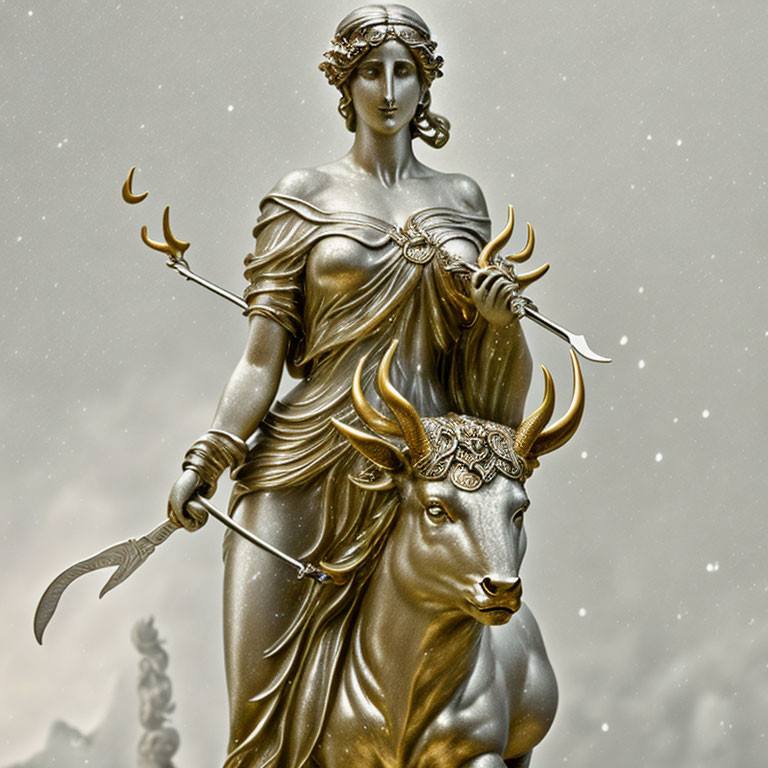 Golden classical female statue with spear and shield next to ornate-horned bull on muted background.