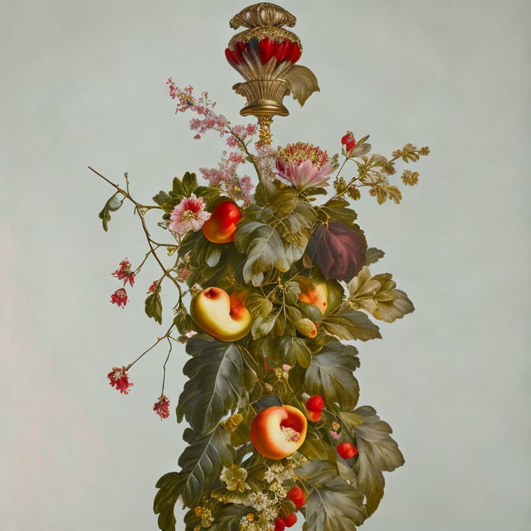 Vertical Still Life Composition with Vase, Fruits, Flowers, and Leaves