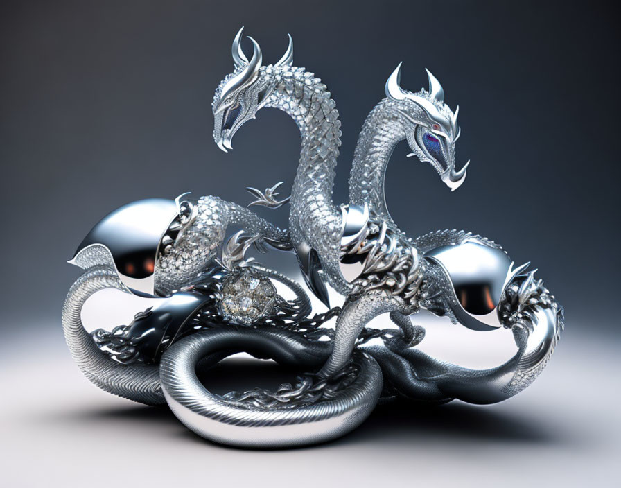 Metallic Twin-Headed Dragon Coiled Around Silver Spheres on Grey Background