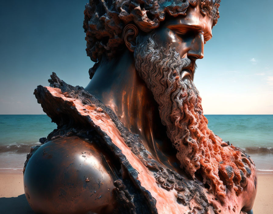 Weathered bronze sculpture of bearded man by the sea with vibrant orange patina