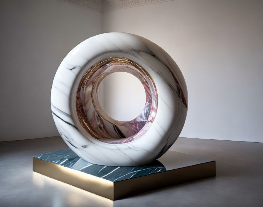 Marble-patterned toroidal sculpture on reflective base in minimalistic gallery.