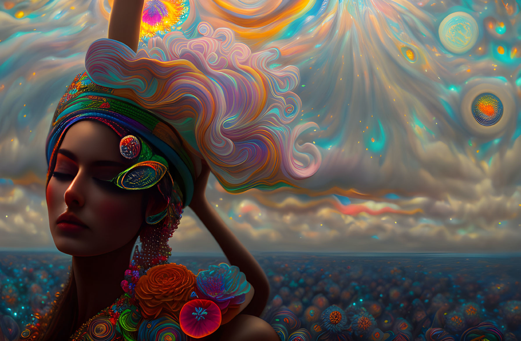 Colorful digital artwork of woman with flowing hair and jeweled headband and mask, set against psychedelic