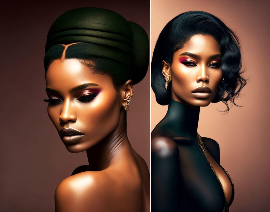 Stylized portraits of women with striking makeup and elegant hairstyles on warm-toned background