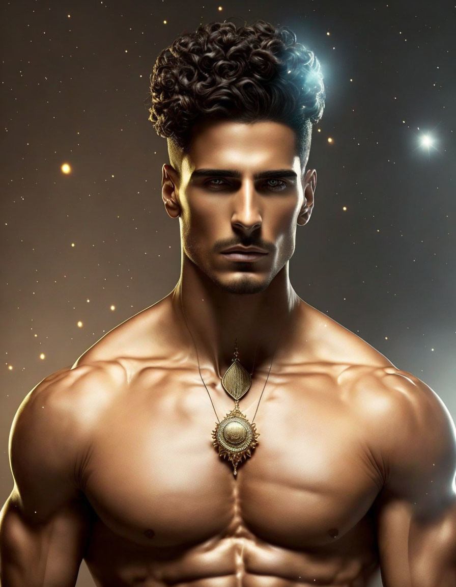 Muscular man with curly hair and pendant on cosmic backdrop