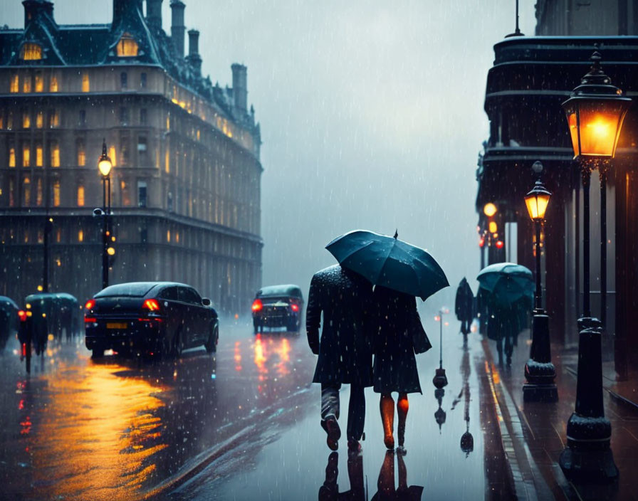 Couple Walking Under Umbrella in Rainy City Street at Twilight