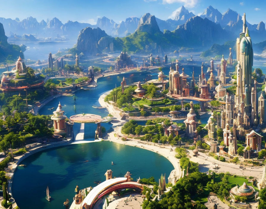 Fantastical cityscape with ornate buildings, spires, river, and mountains