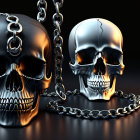 Metallic Skulls Linked by Chain on Dark Background
